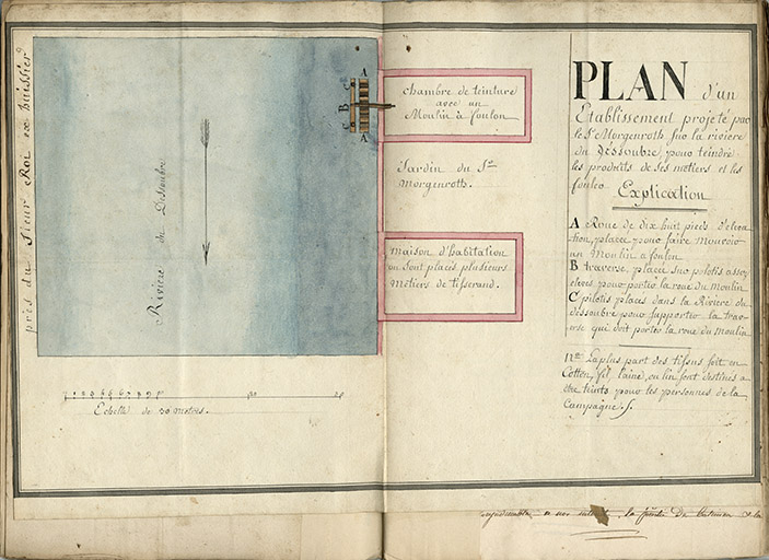 Plan d’un établissement projeté par le Sr Morgenroth sur la rivière du Dessoubre pour teindre les produits de ses métiers et les fouler, [1829]. © Sonia Dourlot / Région Bourgogne-Franche-Comté, Inventaire du patrimoine - 2019