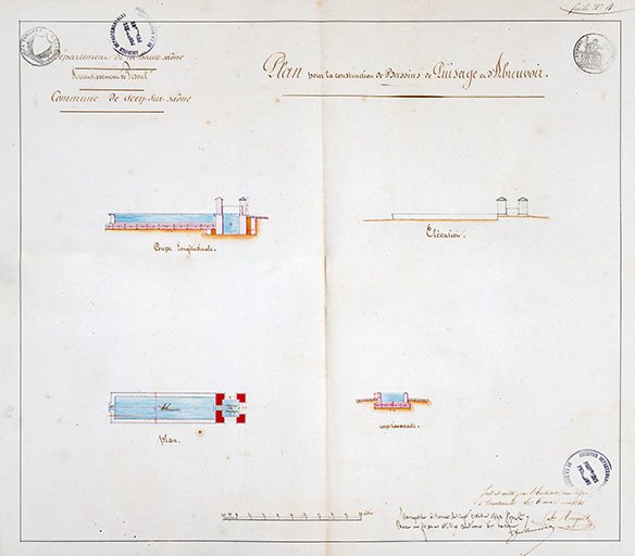 Ringuelet. Plan pour la construction de bassins de puisage et d'abreuvoir. 1841. © Jérôme Mongreville / Région Bourgogne-Franche-Comté, Inventaire du patrimoine - 2019 Ringuelet. Plan pour la construction de bassins de puisage et d'abreuvoir. 1841. © Jérôme Mongreville / Région Bourgogne-Franche-Comté, Inventaire du patrimoine - 2019