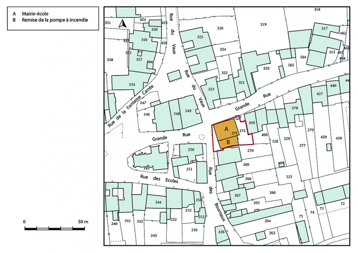 Plan-masse et de situation. Extrait du plan cadastral, 2019. © Bertrand Turina / Région Bourgogne-Franche-Comté, Inventaire du patrimoine - 2019