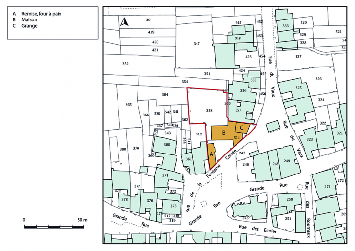 Plan-masse et de situation. Extrait du plan cadastral, 2019. © Bertrand Turina / Région Bourgogne-Franche-Comté, Inventaire du patrimoine - 2019