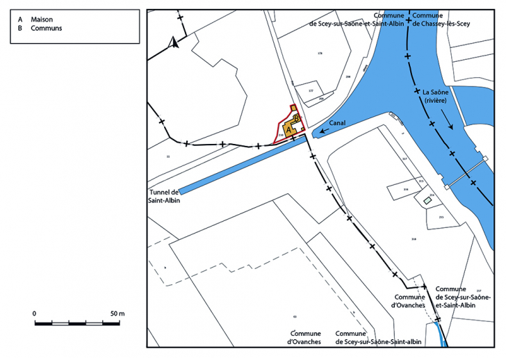 Plan-masse et de situation. Extrait du plan cadastral, 2019. © Bertrand Turina / Région Bourgogne-Franche-Comté, Inventaire du patrimoine - 2019 Plan-masse et de situation. Extrait du plan cadastral, 2019. © Bertrand Turina / Région Bourgogne-Franche-Comté, Inventaire du patrimoine - 2019