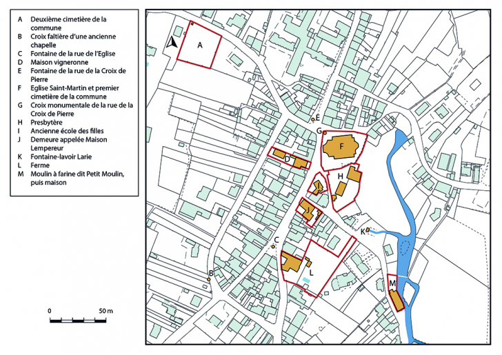 Plan de situation des édifices étudiés. Extrait du plan cadastral, 2019. © Bertrand Turina / Région Bourgogne-Franche-Comté, Inventaire du patrimoine - 2019 Plan de situation des édifices étudiés. Extrait du plan cadastral, 2019. © Bertrand Turina / Région Bourgogne-Franche-Comté, Inventaire du patrimoine - 2019
