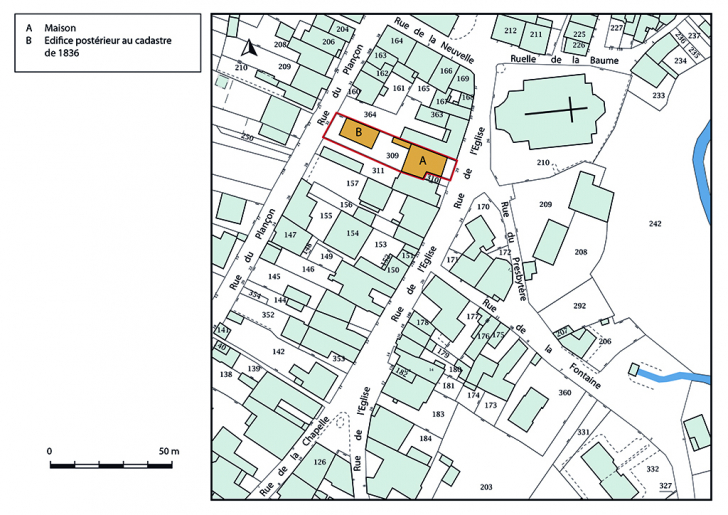 Plan-masse et de situation. Extrait du plan cadastral, 2019. © Bertrand Turina / Région Bourgogne-Franche-Comté, Inventaire du patrimoine - 2019 Plan-masse et de situation. Extrait du plan cadastral, 2019. © Bertrand Turina / Région Bourgogne-Franche-Comté, Inventaire du patrimoine - 2019