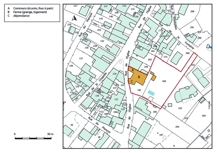 Plan-masse et de situation. Extrait du plan cadastral, 2019. © Bertrand Turina / Région Bourgogne-Franche-Comté, Inventaire du patrimoine - 2019 Plan-masse et de situation. Extrait du plan cadastral, 2019. © Bertrand Turina / Région Bourgogne-Franche-Comté, Inventaire du patrimoine - 2019