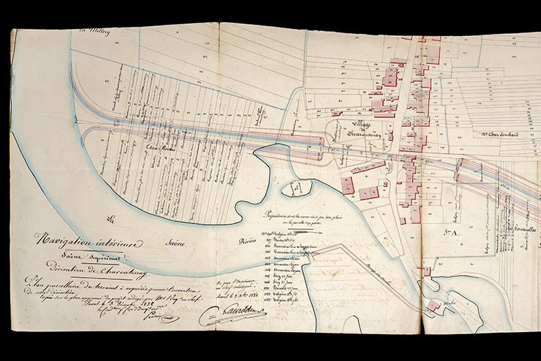 Détail de la dérivation au niveau de la future porte de garde et du pont tournant, 1838. © Jérôme Mongreville / Région Bourgogne-Franche-Comté, Inventaire du patrimoine - 2019