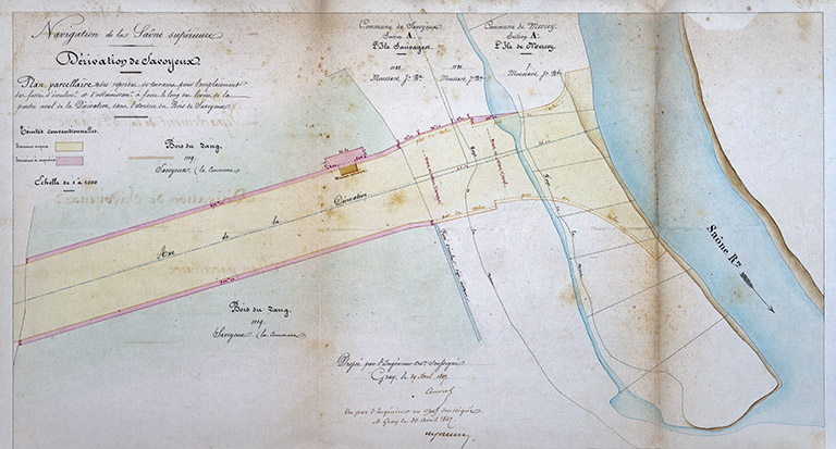 Plan parcellaire des reprises de terrain pour l emplacement des fossés d'écoulement et d'assainissement à faire le long des levées de la partie aval de la dérivation, dans l'étendue du bois de Savoyeux, 1847. © Jérôme Mongreville / Région Bourgogne-Franche-Comté, Inventaire du patrimoine - 2019