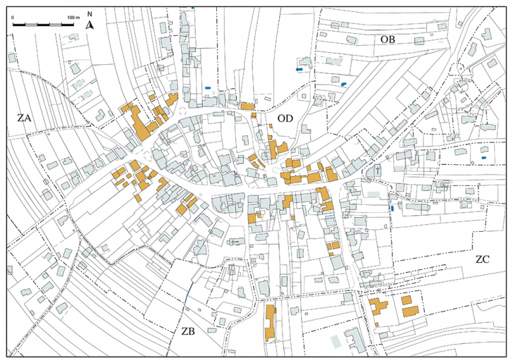 Carte de localisation des sites étudiés. Extrait du plan cadastral, 2020, sections B et D, 1/1 250 réduit à 1/10 000. © Bertrand Turina / Région Bourgogne-Franche-Comté, Inventaire du patrimoine - 2020
