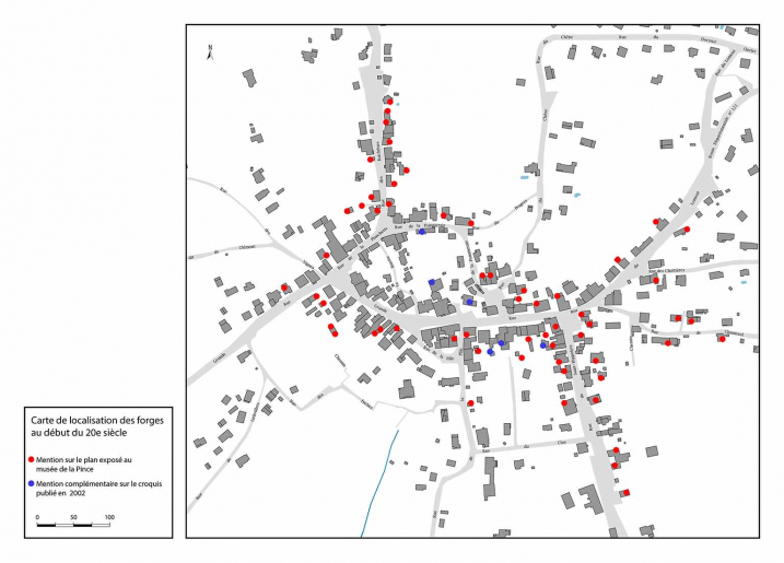 Carte de localisation des forges au début du 20e siècle. D'après un croquis de plan publié en 2002 et une carte non datée exposée au musée de la Pince. © Pierre-Marie Barbe-Richaud / Région Bourgogne-Franche-Comté, Inventaire du patrimoine - 2020