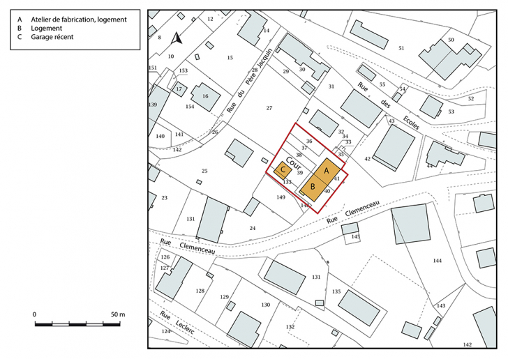 Plan-masse et de situation. Extrait du plan cadastral, 2018, section AM. © Bertrand Turina / Région Bourgogne-Franche-Comté, Inventaire du patrimoine - 2020