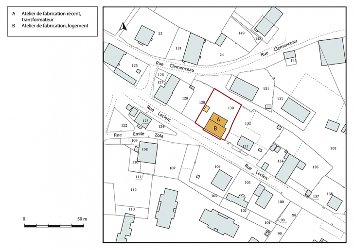 Plan-masse et de situation. Extrait du plan cadastral, 2018, section AP. © Bertrand Turina / Région Bourgogne-Franche-Comté, Inventaire du patrimoine - 2020