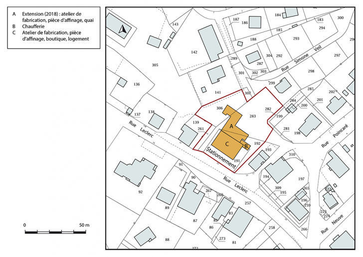 Plan-masse et de situation. Extrait du plan cadastral, 2018, section AP. © Bertrand Turina / Région Bourgogne-Franche-Comté, Inventaire du patrimoine - 2020