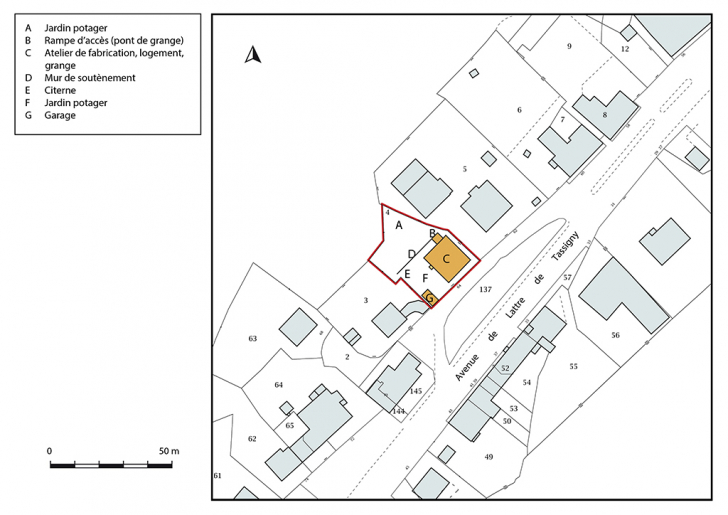 Plan-masse et de situation. Extrait du plan cadastral, 2018, section AB. © Bertrand Turina / Région Bourgogne-Franche-Comté, Inventaire du patrimoine - 2020