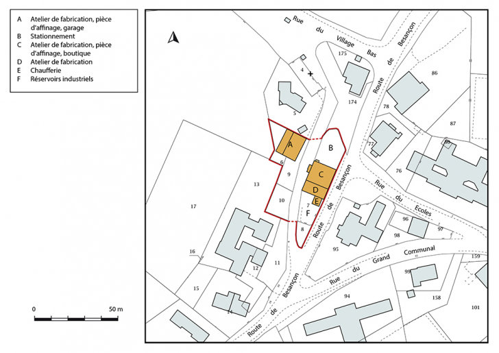 Plan-masse et de situation. Extrait du plan cadastral, 2019, section AE. © Bertrand Turina / Région Bourgogne-Franche-Comté, Inventaire du patrimoine - 2020
