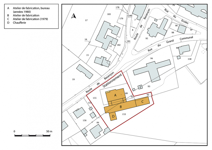 Plan-masse et de situation. Extrait du plan cadastral, 2018, section AE. © Bertrand Turina / Région Bourgogne-Franche-Comté, Inventaire du patrimoine - 2020