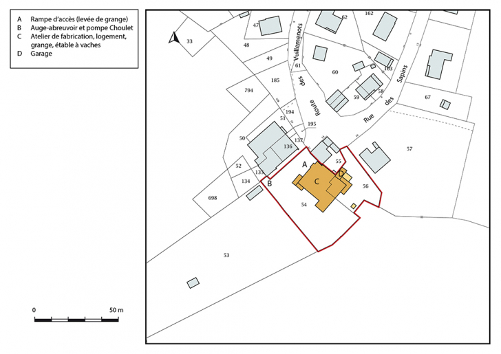 Plan-masse et de situation. Extrait du plan cadastral, 2018, section AE. © Bertrand Turina / Région Bourgogne-Franche-Comté, Inventaire du patrimoine - 2020