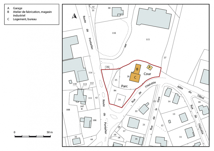 Plan-masse et de situation. Extrait du plan cadastral, 2018, section AH. © Bertrand Turina / Région Bourgogne-Franche-Comté, Inventaire du patrimoine - 2020