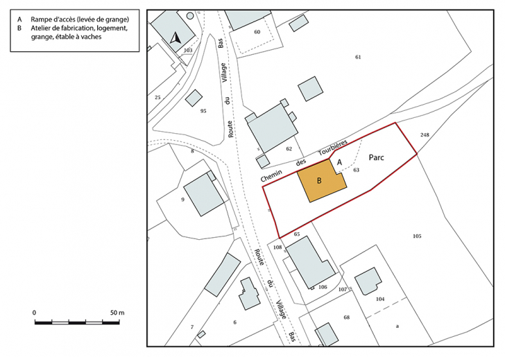 Plan-masse et de situation. Extrait du plan cadastral, 2018, section AB. © Bertrand Turina / Région Bourgogne-Franche-Comté, Inventaire du patrimoine - 2020