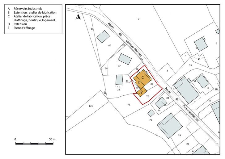 Plan-masse et de situation. Extrait du plan cadastral, 2019, section AK. © Bertrand Turina / Région Bourgogne-Franche-Comté, Inventaire du patrimoine - 2020 Plan-masse et de situation. Extrait du plan cadastral, 2019, section AK. © Bertrand Turina / Région Bourgogne-Franche-Comté, Inventaire du patrimoine - 2020