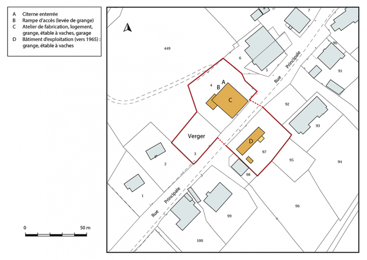 Plan-masse et de situation. Extrait du plan cadastral, 2018, section AA. © Bertrand Turina / Région Bourgogne-Franche-Comté, Inventaire du patrimoine - 2020