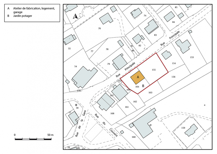 Plan-masse et de situation. Extrait du plan cadastral, 2018, section AB. © Bertrand Turina / Région Bourgogne-Franche-Comté, Inventaire du patrimoine - 2020