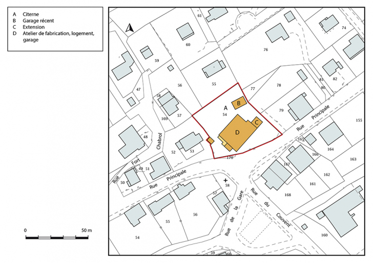 Plan-masse et de situation. Extrait du plan cadastral, 2019, section AB. © Bertrand Turina / Région Bourgogne-Franche-Comté, Inventaire du patrimoine - 2020