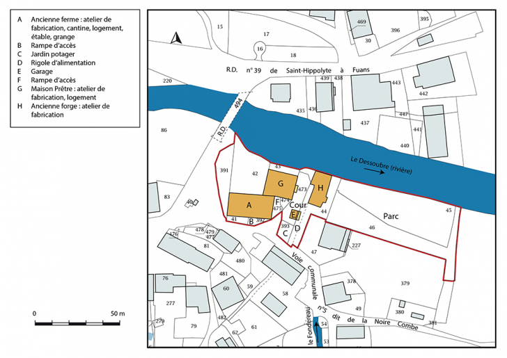 Plan-masse et de situation. Extrait du plan cadastral, 2018, section B. © Bertrand Turina / Région Bourgogne-Franche-Comté, Inventaire du patrimoine - 2020