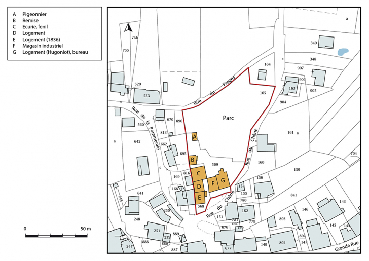 Plan-masse et de situation. Extrait du plan cadastral, 2019, section D. © Bertrand Turina / Région Bourgogne-Franche-Comté, Inventaire du patrimoine - 2020 Plan-masse et de situation. Extrait du plan cadastral, 2019, section D. © Bertrand Turina / Région Bourgogne-Franche-Comté, Inventaire du patrimoine - 2020