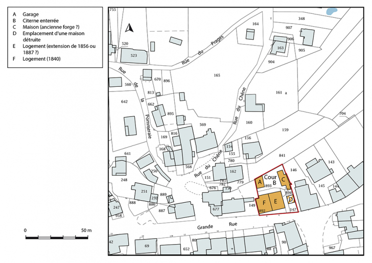 Plan-masse et de situation. Extrait du plan cadastral, 2019, section D. © Bertrand Turina / Région Bourgogne-Franche-Comté, Inventaire du patrimoine - 2020