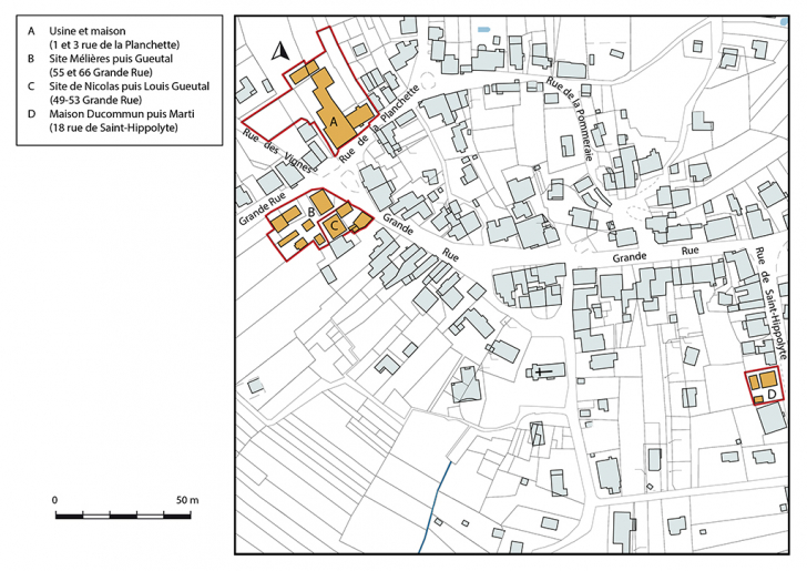 Carte de localisation des sites. Extrait du plan cadastral, 2019, section D. © Bertrand Turina / Région Bourgogne-Franche-Comté, Inventaire du patrimoine - 2020