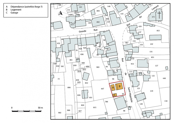 Plan-masse et de situation. Extrait du plan cadastral, 2018, section D. © Bertrand Turina / Région Bourgogne-Franche-Comté, Inventaire du patrimoine - 2020 Plan-masse et de situation. Extrait du plan cadastral, 2018, section D. © Bertrand Turina / Région Bourgogne-Franche-Comté, Inventaire du patrimoine - 2020