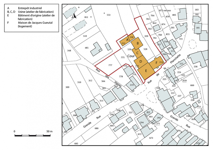 Plan-masse et de situation. Extrait du plan cadastral, 2019, section D. © Bertrand Turina / Région Bourgogne-Franche-Comté, Inventaire du patrimoine - 2020