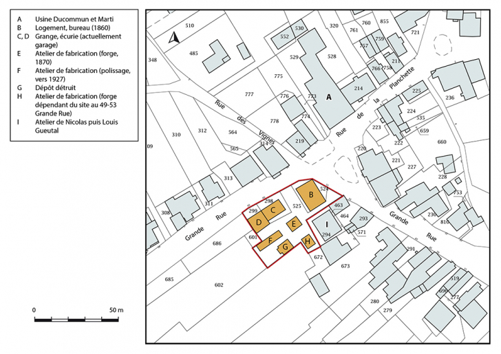 Plan-masse et de situation. Extrait du plan cadastral, 2019, section D. © Bertrand Turina / Région Bourgogne-Franche-Comté, Inventaire du patrimoine - 2020