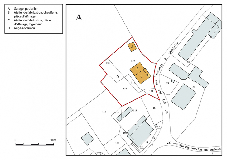 Plan-masse et de situation. Extrait du plan cadastral, 2018, section AN. © Bertrand Turina / Région Bourgogne-Franche-Comté, Inventaire du patrimoine - 2020
