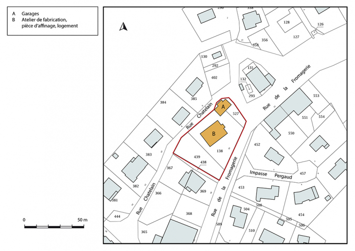 Plan-masse et de situation. Extrait du plan cadastral, 2018, section B. © Bertrand Turina / Région Bourgogne-Franche-Comté, Inventaire du patrimoine - 2020 Plan-masse et de situation. Extrait du plan cadastral, 2018, section B. © Bertrand Turina / Région Bourgogne-Franche-Comté, Inventaire du patrimoine - 2020