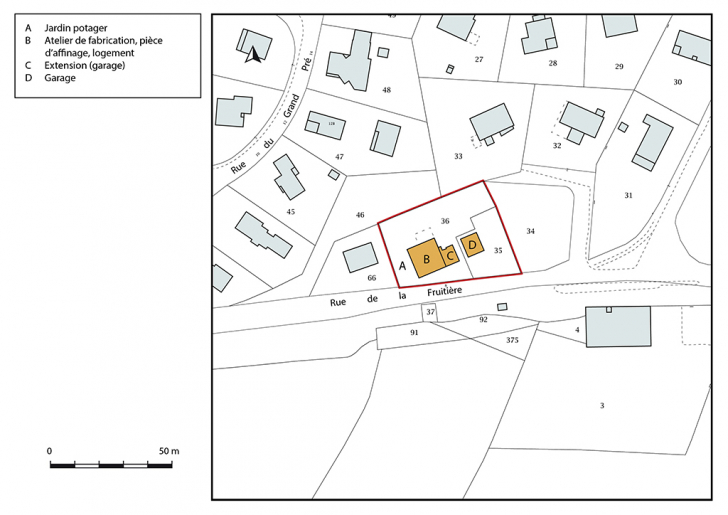 Plan-masse et de situation. Extrait du plan cadastral, 2018, section AB. © Bertrand Turina / Région Bourgogne-Franche-Comté, Inventaire du patrimoine - 2020