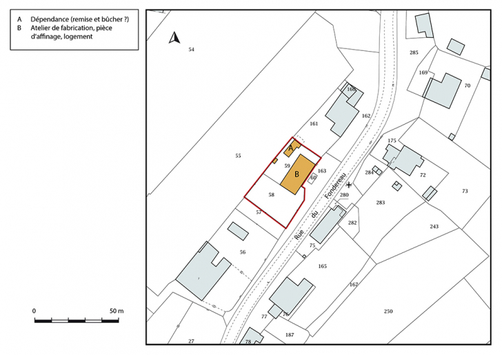 Plan-masse et de situation. Extrait du plan cadastral, 2018, section AB. © Bertrand Turina / Région Bourgogne-Franche-Comté, Inventaire du patrimoine - 2020
