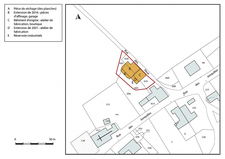 Plan-masse et de situation. Extrait du plan cadastral, 2018, section A. © Bertrand Turina / Région Bourgogne-Franche-Comté, Inventaire du patrimoine - 2020