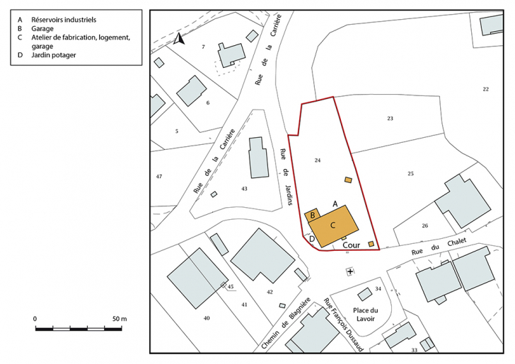 Plan-masse et de situation. Extrait du plan cadastral, 2018, section AA. © Bertrand Turina / Région Bourgogne-Franche-Comté, Inventaire du patrimoine - 2020