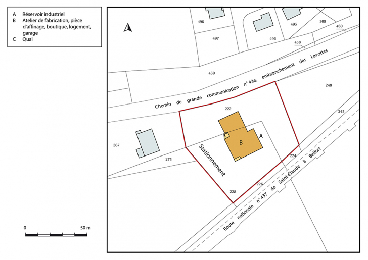 Plan-masse et de situation. Extrait du plan cadastral, 2018, section B. © Bertrand Turina / Région Bourgogne-Franche-Comté, Inventaire du patrimoine - 2020