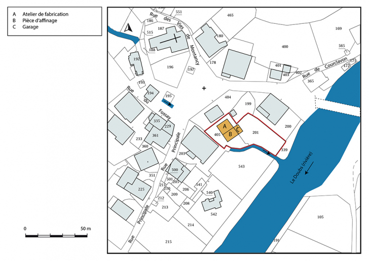Plan-masse et de situation. Extrait du plan cadastral, 2019, section A. © Bertrand Turina / Région Bourgogne-Franche-Comté, Inventaire du patrimoine - 2020 Plan-masse et de situation. Extrait du plan cadastral, 2019, section A. © Bertrand Turina / Région Bourgogne-Franche-Comté, Inventaire du patrimoine - 2020
