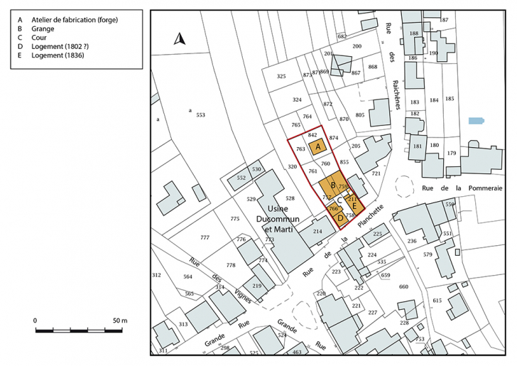 Plan-masse et de situation. Extrait du plan cadastral, 2019, section D. © Bertrand Turina / Région Bourgogne-Franche-Comté, Inventaire du patrimoine - 2020 Plan-masse et de situation. Extrait du plan cadastral, 2019, section D. © Bertrand Turina / Région Bourgogne-Franche-Comté, Inventaire du patrimoine - 2020