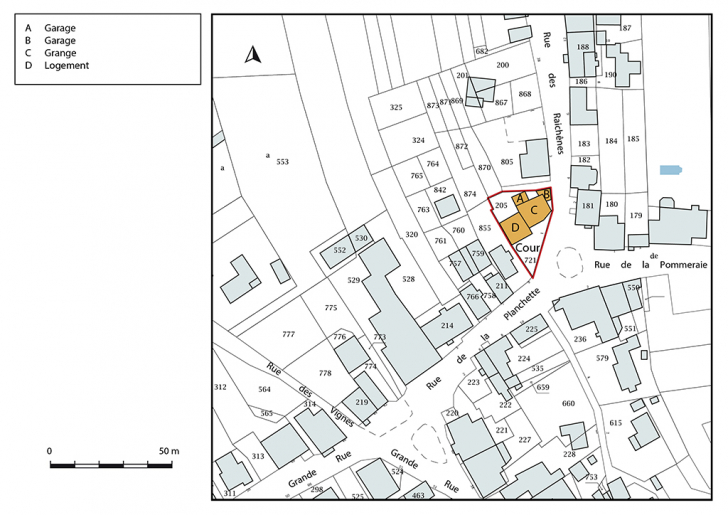 Plan-masse et de situation. Extrait du plan cadastral, 2019, section D. © Bertrand Turina / Région Bourgogne-Franche-Comté, Inventaire du patrimoine - 2020