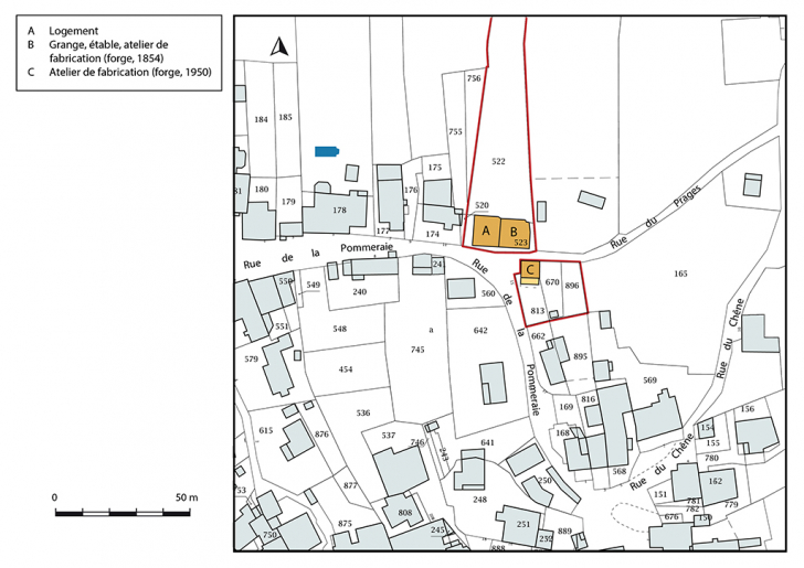 Plan-masse et de situation. Extrait du plan cadastral, 2019, section D. © Bertrand Turina / Région Bourgogne-Franche-Comté, Inventaire du patrimoine - 2020