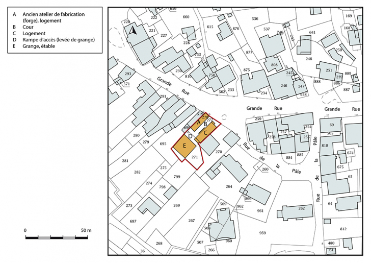 Plan-masse et de situation. Extrait du plan cadastral, 2019, section D. © Bertrand Turina / Région Bourgogne-Franche-Comté, Inventaire du patrimoine - 2020