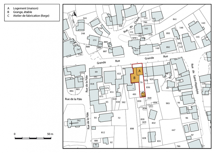 Plan-masse et de situation. Extrait du plan cadastral, 2018, section D. © Bertrand Turina / Région Bourgogne-Franche-Comté, Inventaire du patrimoine - 2020