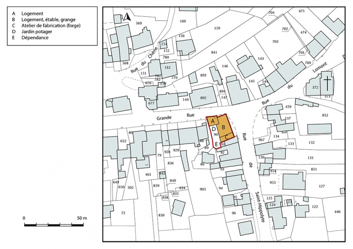Plan-masse et de situation. Extrait du plan cadastral, 2019, section D. © Bertrand Turina / Région Bourgogne-Franche-Comté, Inventaire du patrimoine - 2020 Plan-masse et de situation. Extrait du plan cadastral, 2019, section D. © Bertrand Turina / Région Bourgogne-Franche-Comté, Inventaire du patrimoine - 2020