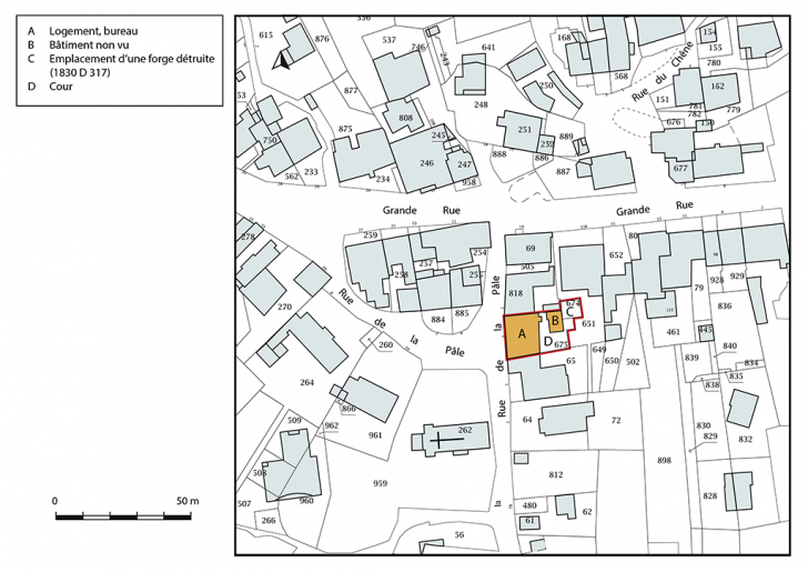 Plan-masse et de situation. Extrait du plan cadastral, 2019, section D. © Bertrand Turina / Région Bourgogne-Franche-Comté, Inventaire du patrimoine - 2020 Plan-masse et de situation. Extrait du plan cadastral, 2019, section D. © Bertrand Turina / Région Bourgogne-Franche-Comté, Inventaire du patrimoine - 2020
