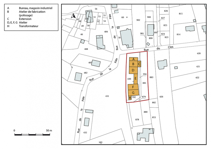 Plan-masse et de situation. Extrait du plan cadastral, 2018, section D. © Bertrand Turina / Région Bourgogne-Franche-Comté, Inventaire du patrimoine - 2020