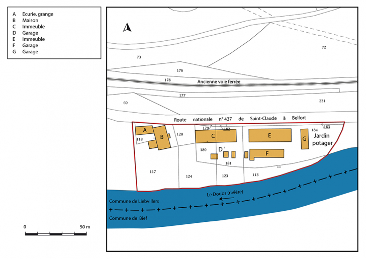 Plan-masse et de situation. Extrait du plan cadastral, 2019, section B. © Bertrand Turina / Région Bourgogne-Franche-Comté, Inventaire du patrimoine - 2020 Plan-masse et de situation. Extrait du plan cadastral, 2019, section B. © Bertrand Turina / Région Bourgogne-Franche-Comté, Inventaire du patrimoine - 2020