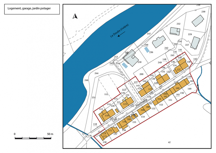 Plan-masse et de situation. Extrait du plan cadastral, 2019, section AD. © Bertrand Turina / Région Bourgogne-Franche-Comté, Inventaire du patrimoine - 2020 Plan-masse et de situation. Extrait du plan cadastral, 2019, section AD. © Bertrand Turina / Région Bourgogne-Franche-Comté, Inventaire du patrimoine - 2020